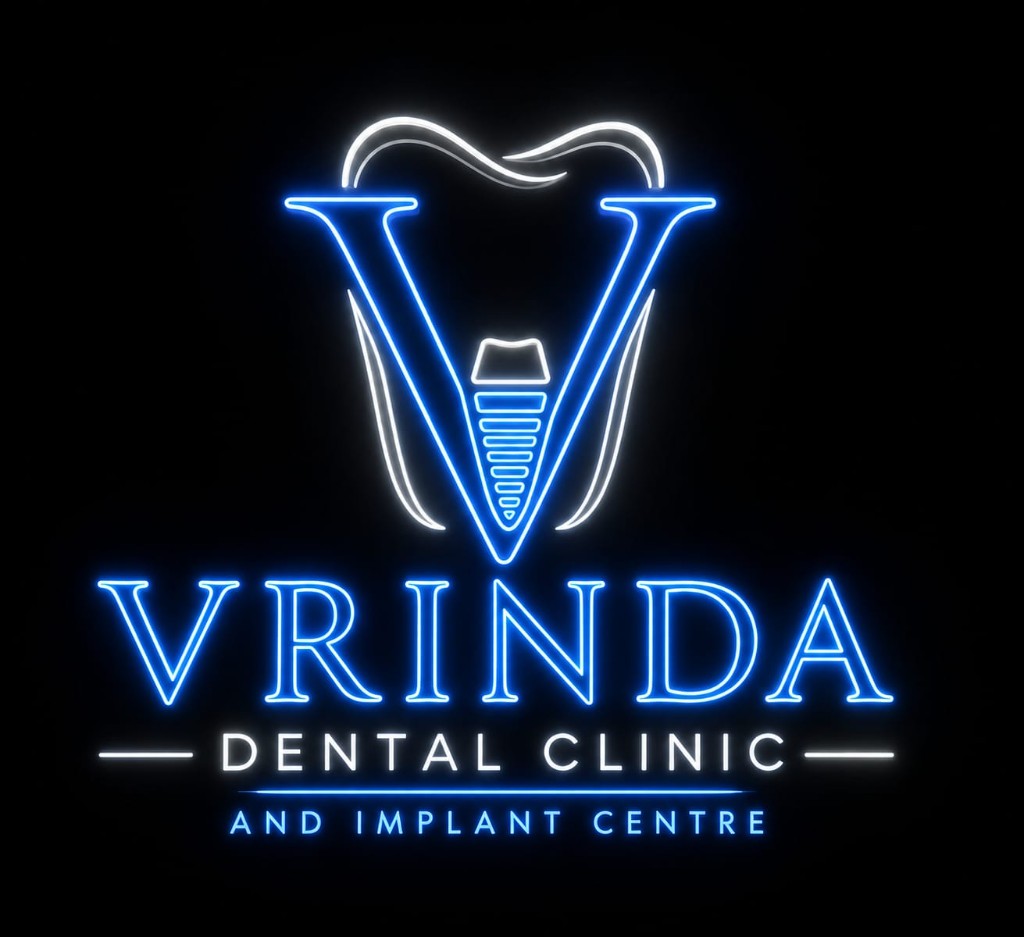 Vrinda Dental Clinic neon logo with tooth, V and implant
